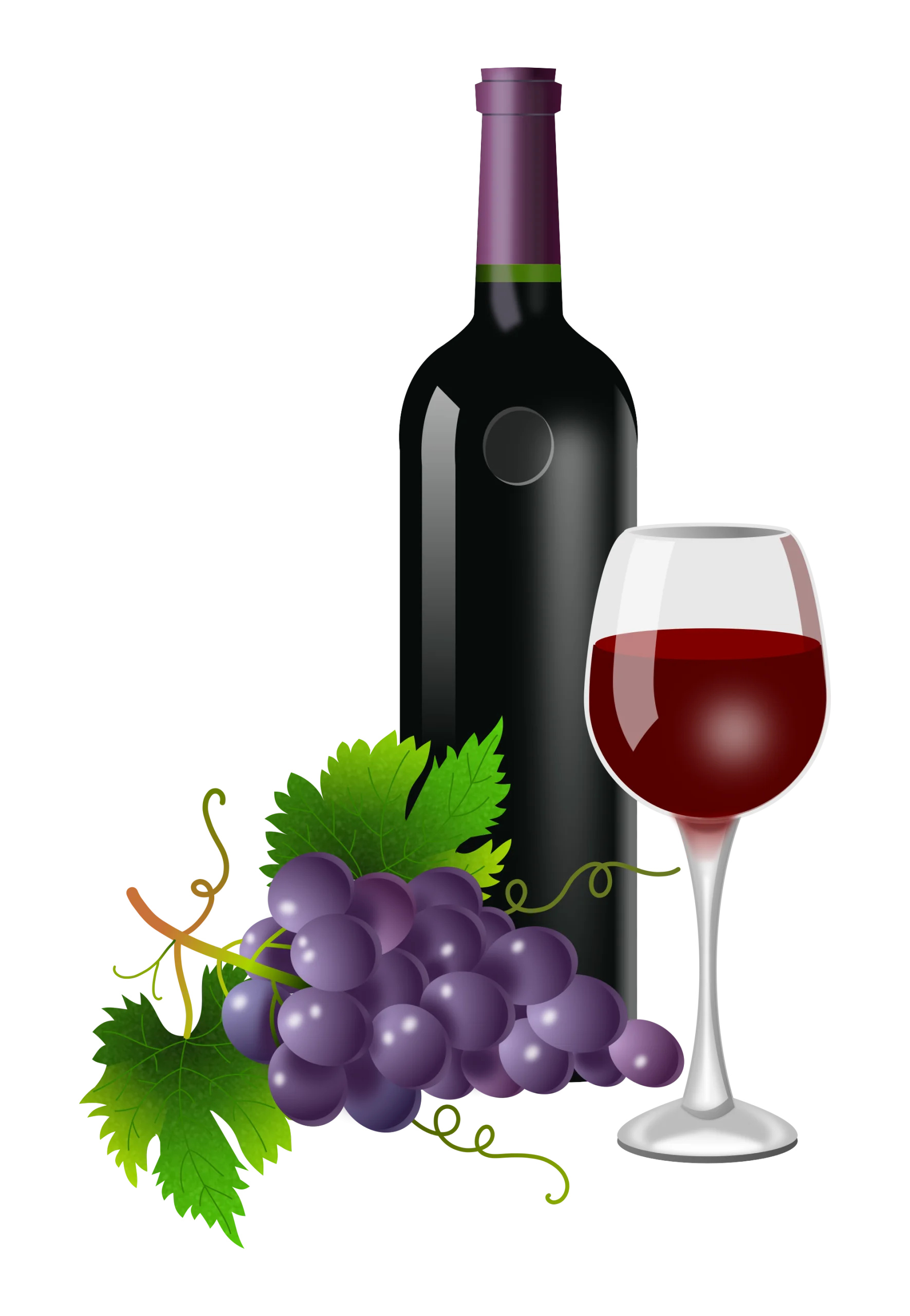 Elegant Wine Composition Clipart: Grapes, Bottle, and Filled Wine Glass