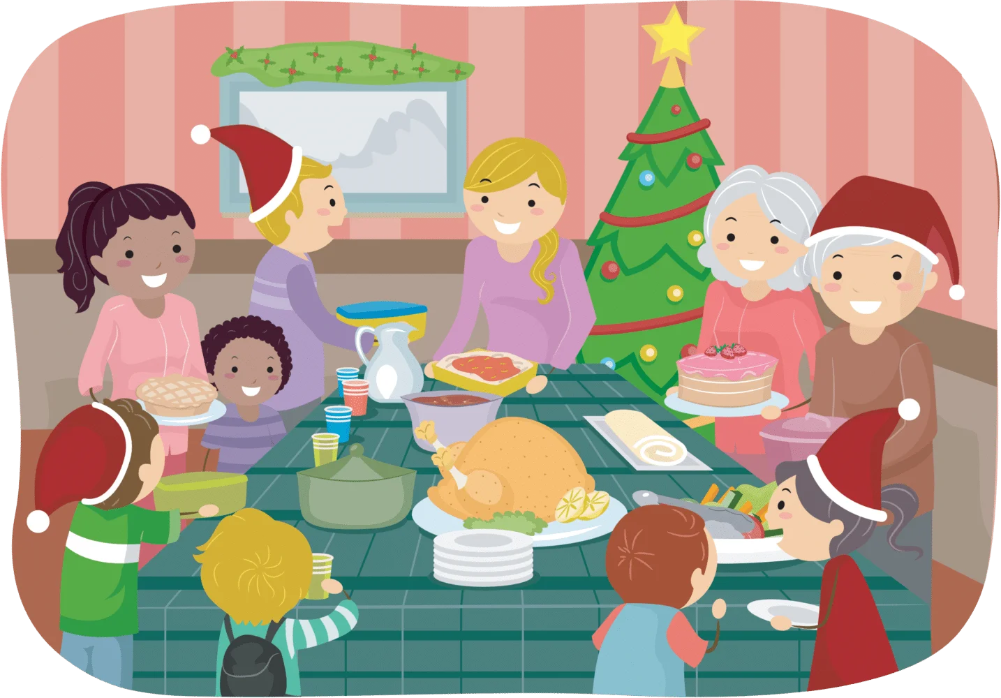 Festive Family Gathering Potluck Clipart: Warmth and Holiday Cheer Around the Table