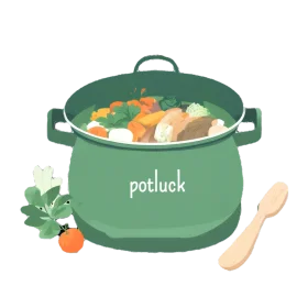Green Potluck Cooking Pot Clipart Illustration with Vegetables and Cooking Utensil