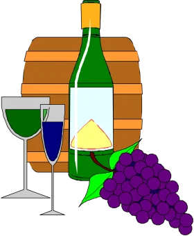Rustic Wine Tasting Scene with Wooden Barrel, Green Bottle, and Lush Grapes Clipart Illustration