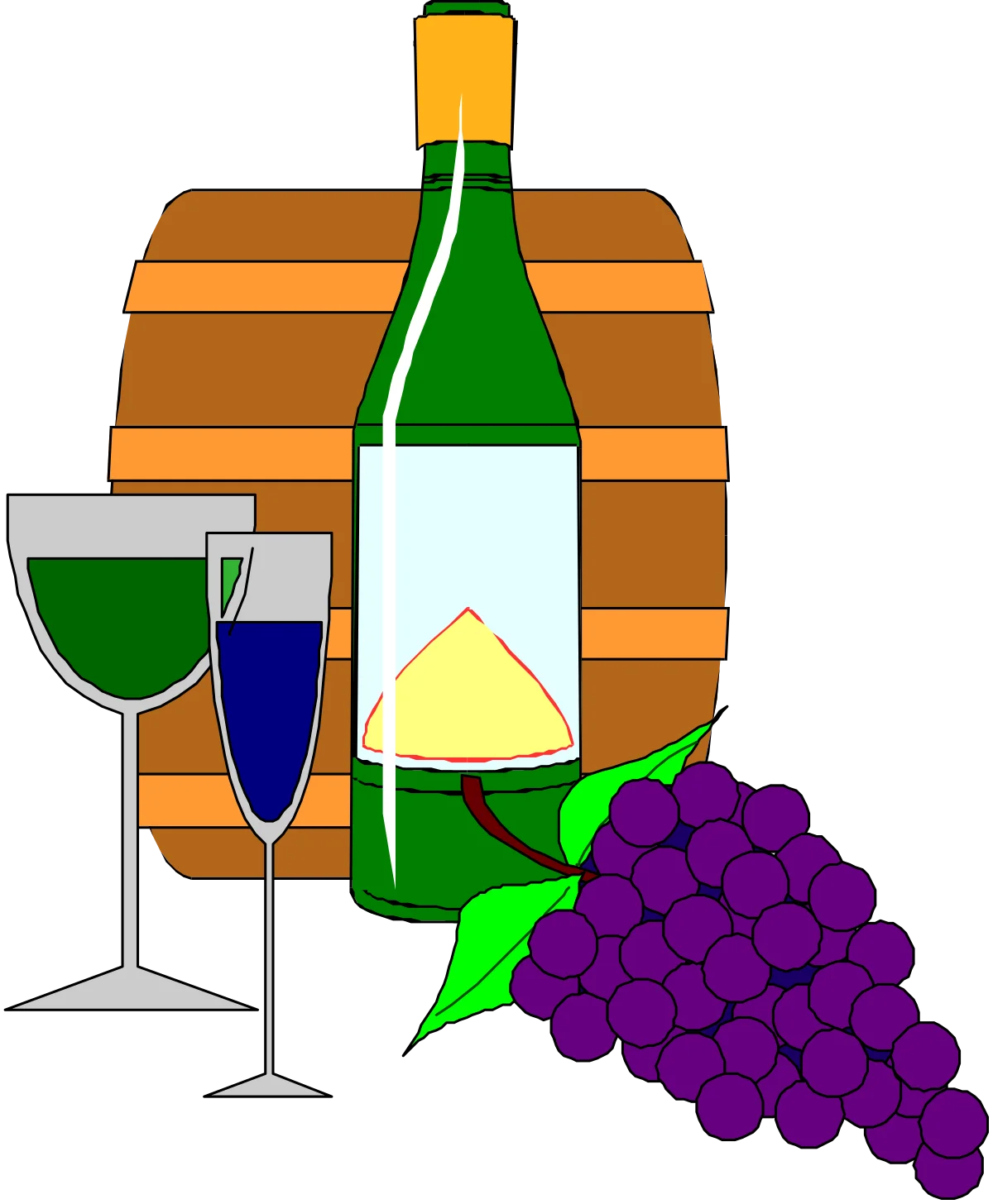 Rustic Wine Tasting Scene with Wooden Barrel, Green Bottle, and Lush Grapes Clipart Illustration