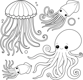 Whimsical Underwater Ocean Friends Black and White Sea Creatures Clipart Collection