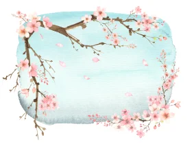 Delicate Cherry Blossom Branches Softly Framing Pastel Blue Watercolor Clipart Scene