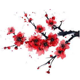 Elegant Crimson Cherry Blossom Clipart with Watercolor Splashes and Dark Branch