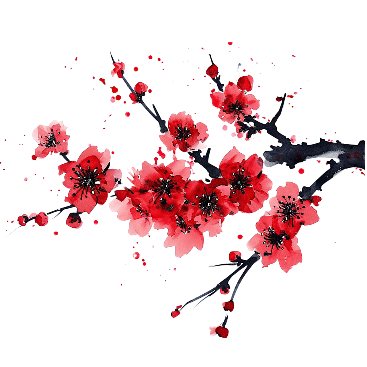 Elegant Crimson Cherry Blossom Clipart with Watercolor Splashes and Dark Branch