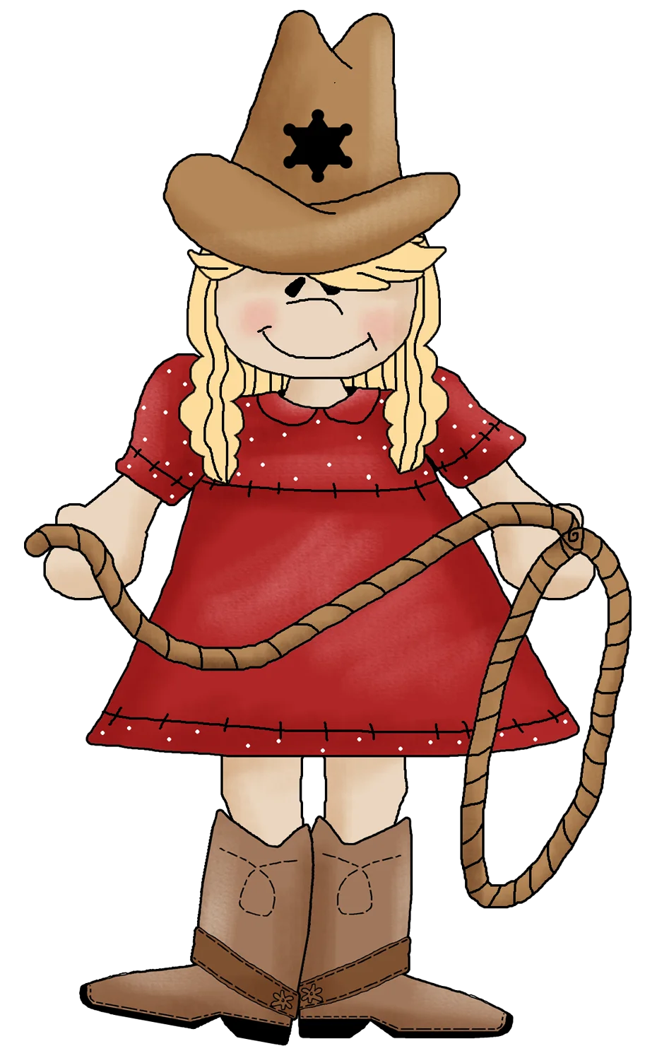 Charming Western Sheriff Cowgirl in Red Dress Clipart Illustration