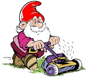Cheerful Garden Gnome Pushing Manual Lawn Mower Clipart Illustration
