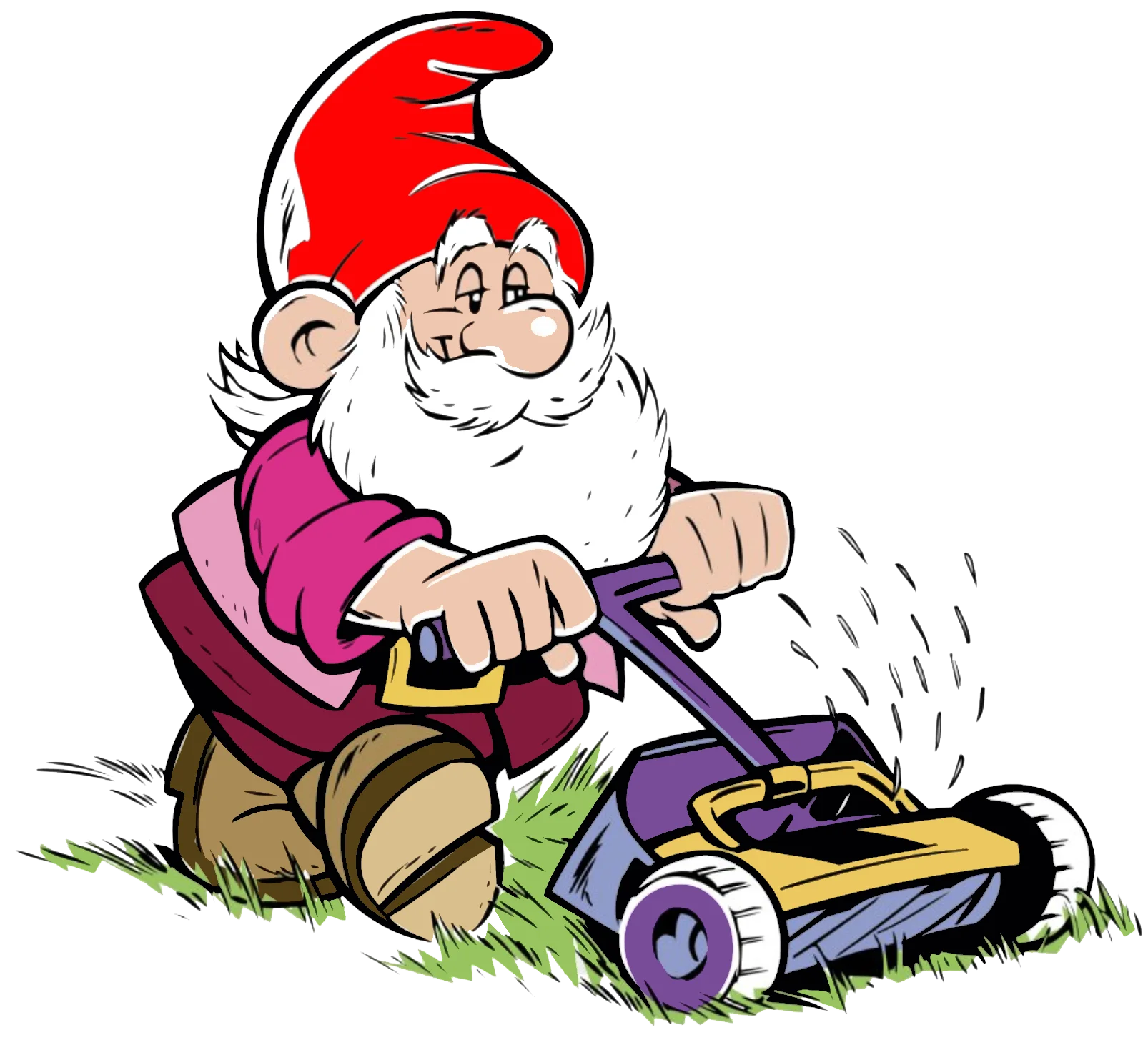 Cheerful Garden Gnome Pushing Manual Lawn Mower Clipart Illustration
