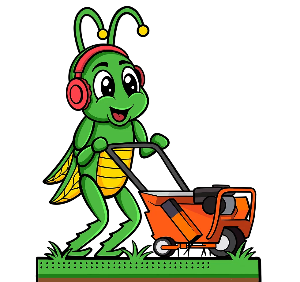 Cheerful Green Grasshopper Clipart Mowing Lawn with Bright Orange Lawnmower