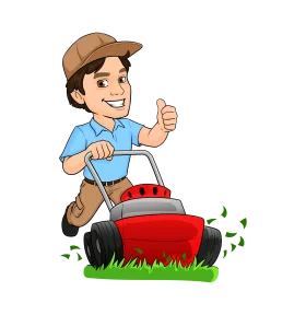 Cheerful Lawn Care Professional Cartoon Clipart Mowing Green Grass with Enthusiasm