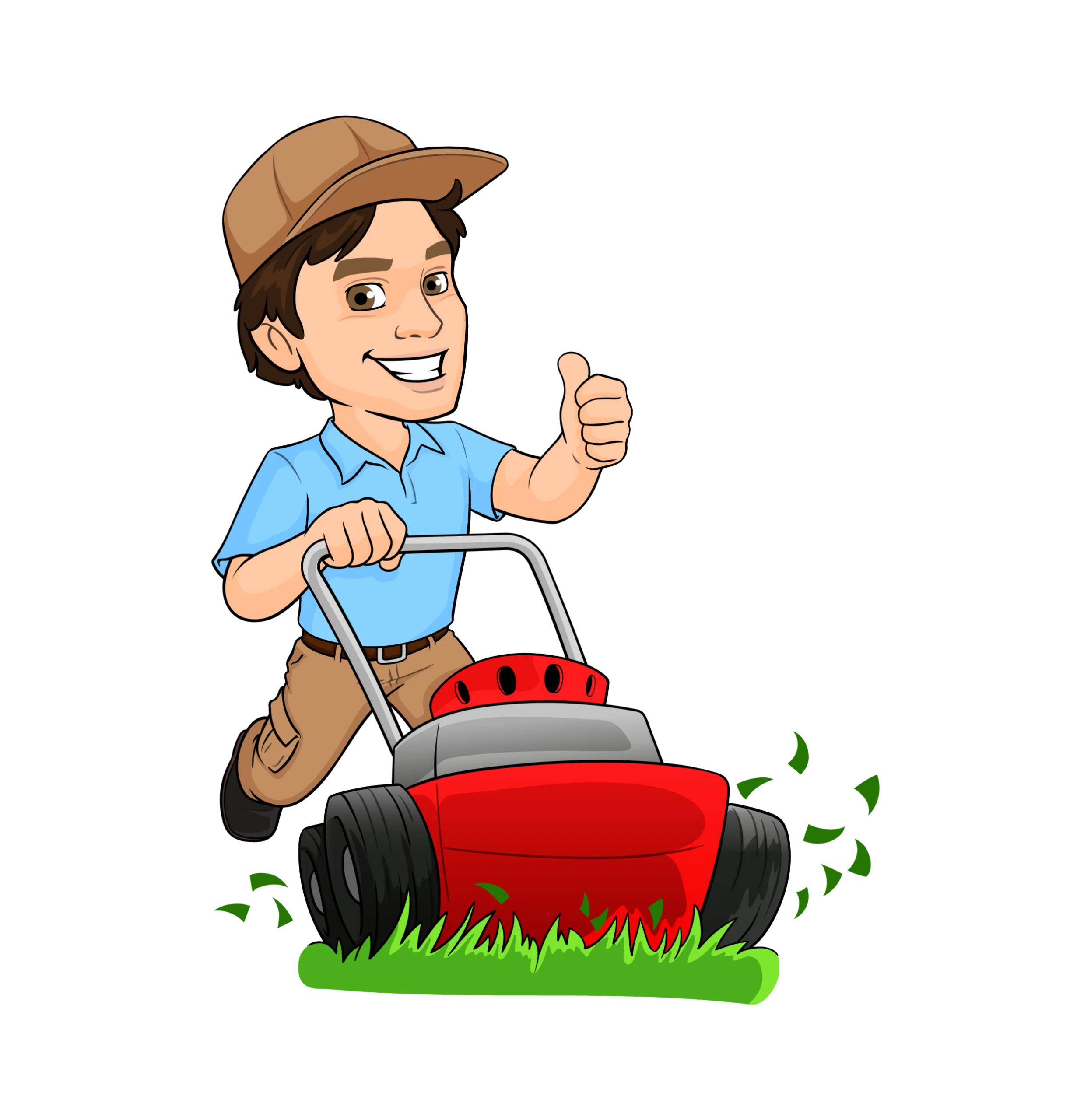 Cheerful Lawn Care Professional Cartoon Clipart Mowing Green Grass with Enthusiasm