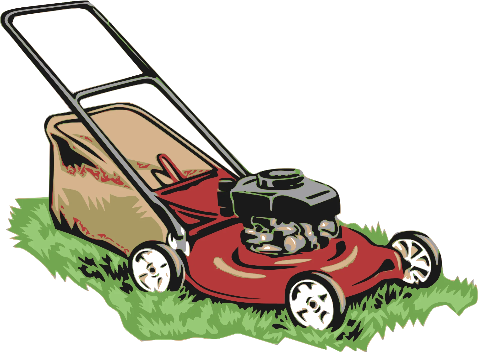 Classic Red Push Lawn Mower Cutting Grass Clipart Illustration