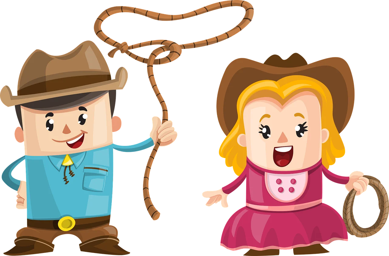 Cute Western Cowboy and Cowgirl Cartoon Clipart Characters in Playful Pose