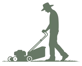 Monochrome Silhouette of a Person Mowing Lawn with Classic Push Mower Clipart