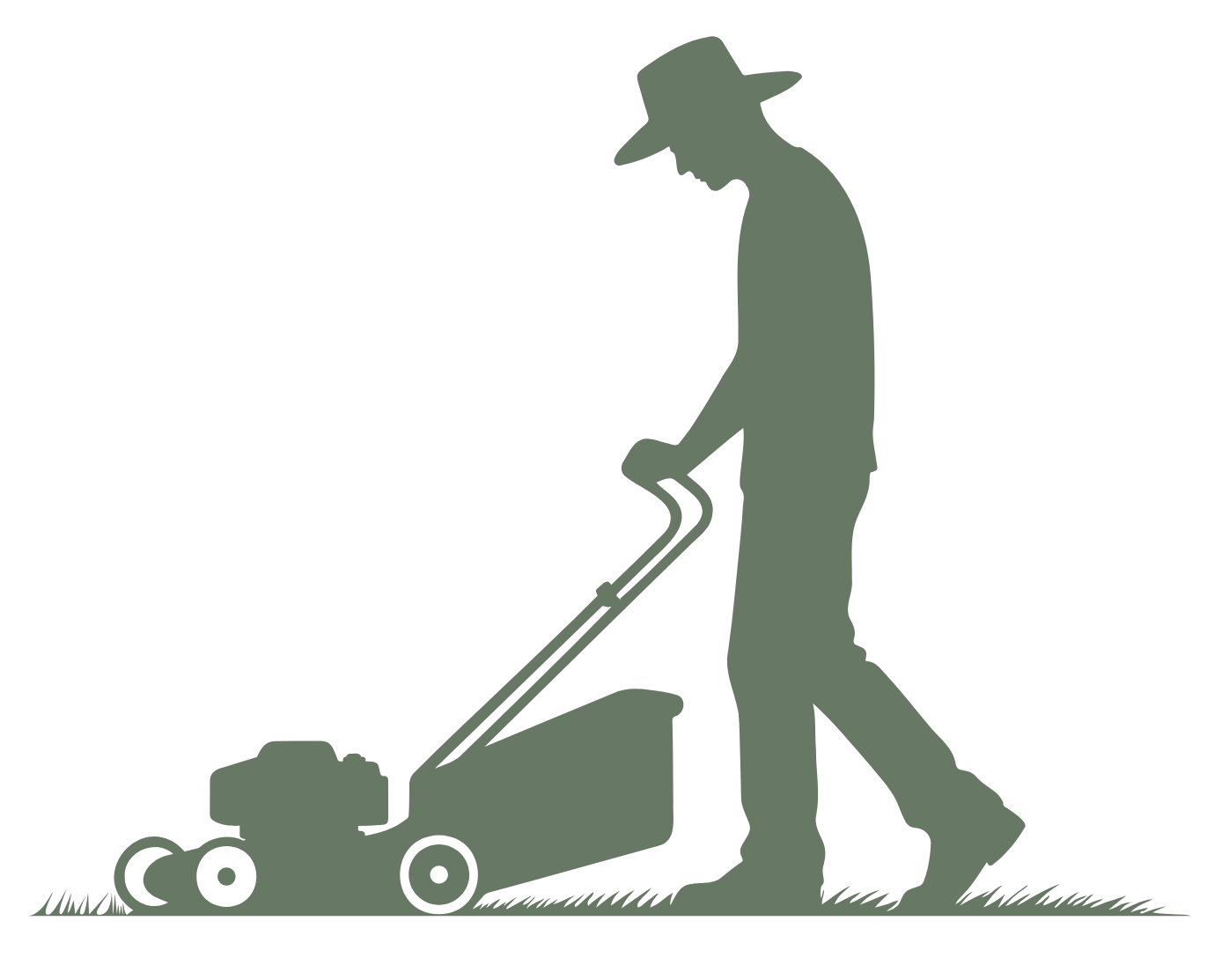 Monochrome Silhouette of a Person Mowing Lawn with Classic Push Mower Clipart