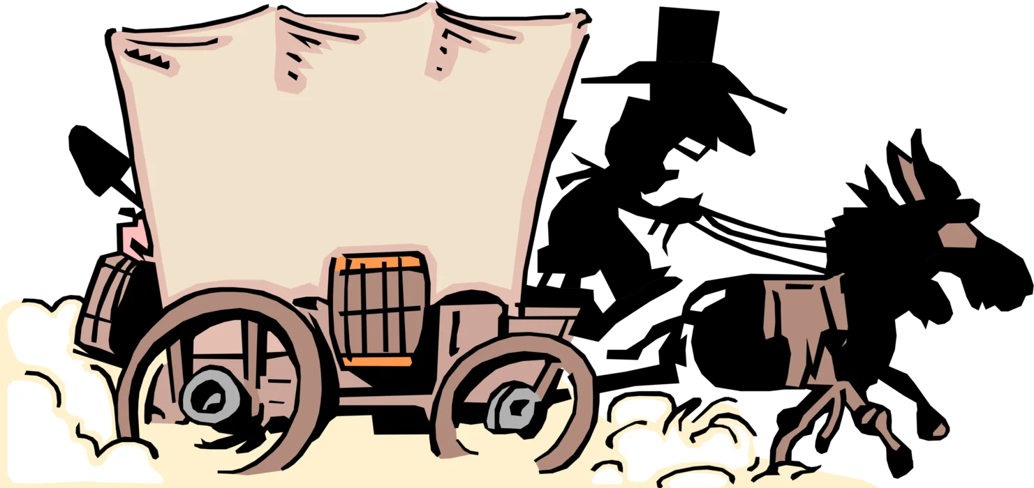 Old Western Wagon Clipart with Horses and Dusty Rustic Frontier Scene