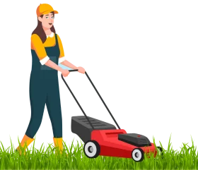 Professional Gardener with Red Lawn Mower Performing Yard Maintenance Clipart