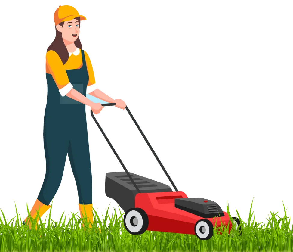 Professional Gardener with Red Lawn Mower Performing Yard Maintenance Clipart