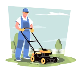 Professional Lawn Care Worker Mowing Grass in Suburban Backyard Clipart Illustration