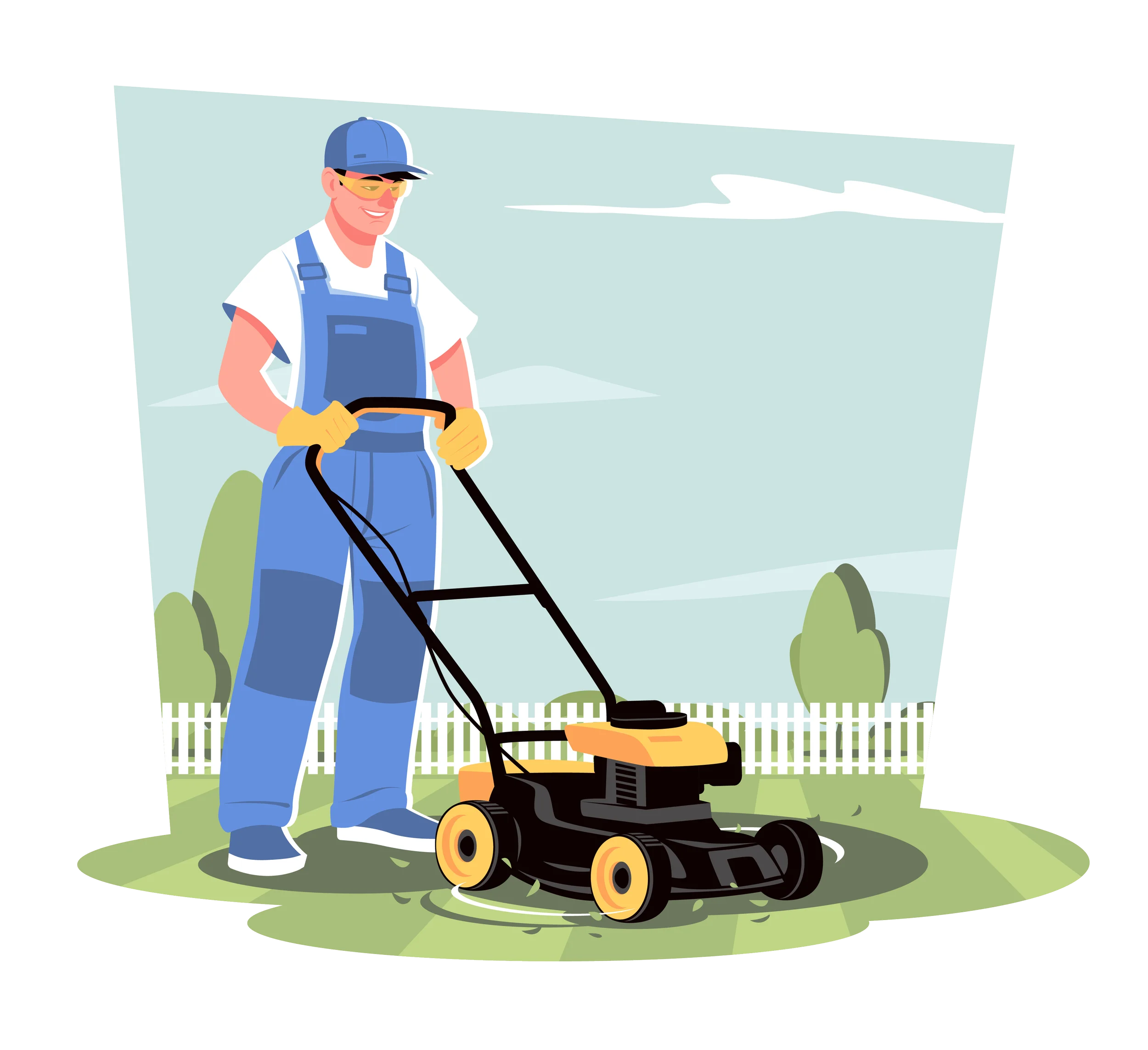 Professional Lawn Care Worker Mowing Grass in Suburban Backyard Clipart Illustration