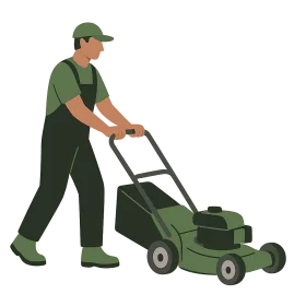 Professional Lawn Care Worker Operating Green Lawnmower Clipart Illustration