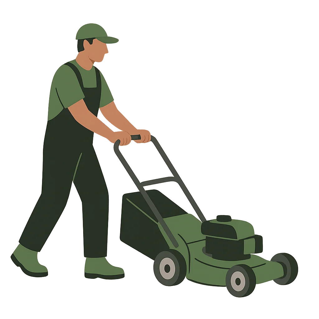 Professional Lawn Care Worker Operating Green Lawnmower Clipart Illustration
