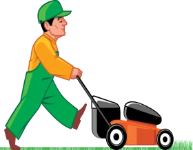 Professional Lawn Care Worker Pushing Mower - Cheerful Gardening Clipart Illustration