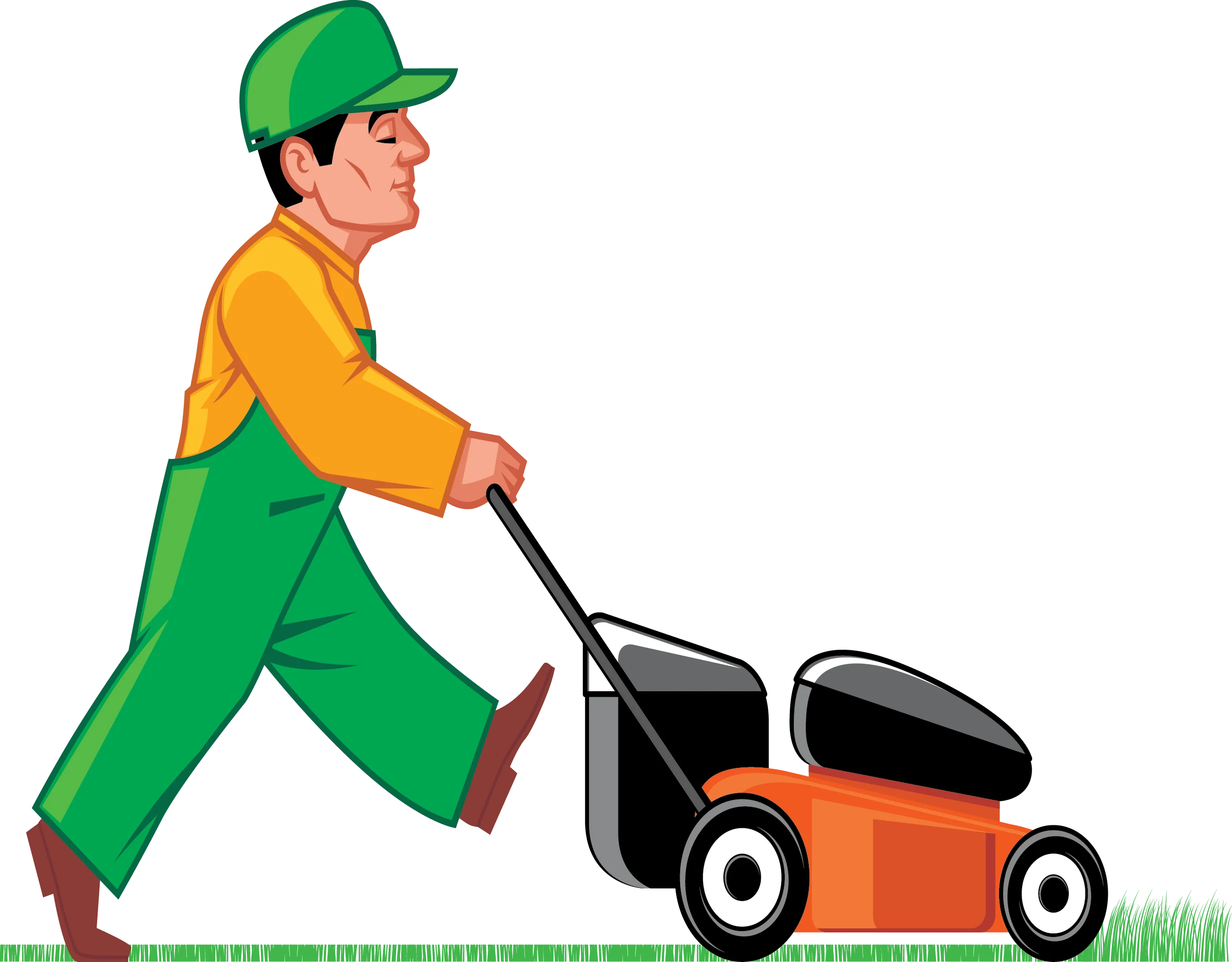 Professional Lawn Care Worker Pushing Mower - Cheerful Gardening Clipart Illustration