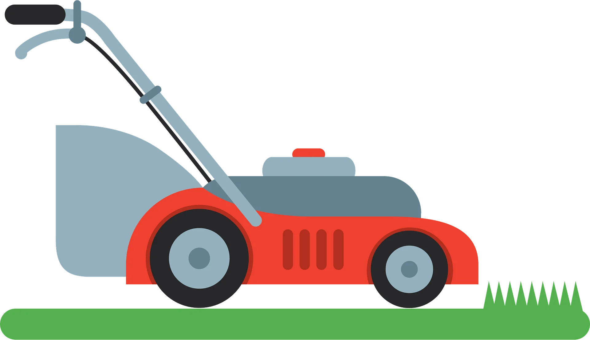 Red and Gray Push Lawn Mower Cutting Grass Cartoon Clipart Design