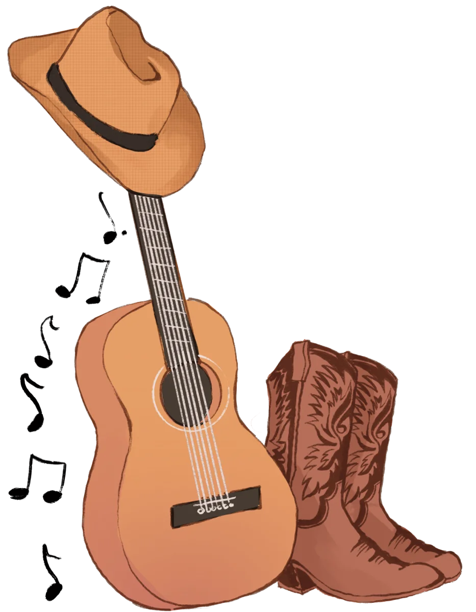 Rustic Western Acoustic Guitar, Cowboy Hat, and Boots Clipart Composition