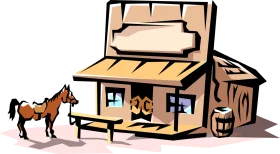 Rustic Western Clipart Illustration of Old Wooden Saloon and Horse