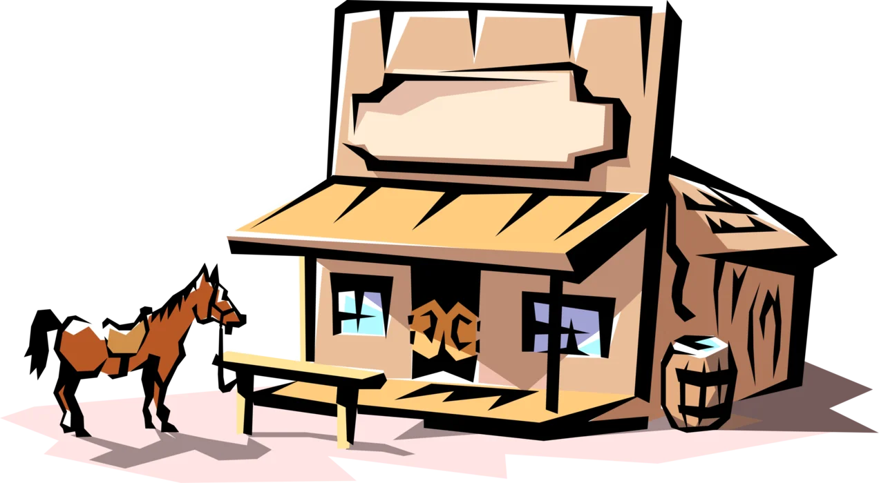 Rustic Western Clipart Illustration of Old Wooden Saloon and Horse
