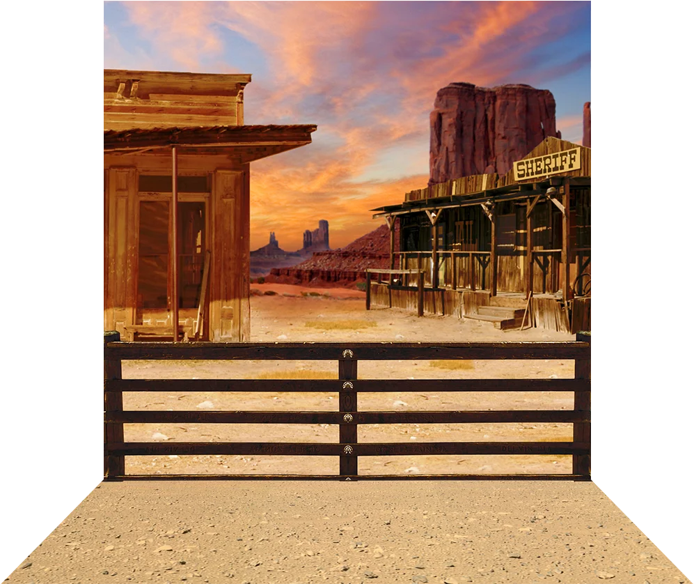 Sunset Silhouette of Old Western Town Vintage Clipart Backdrop Design