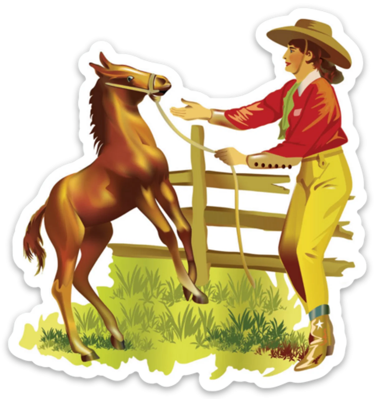 Vintage Western Cowgirl Taming Spirited Horse Clipart Illustration