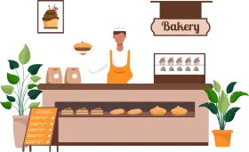 Charming Artisan Bakery Shop Interior with Baker and Fresh Bread Clipart Design