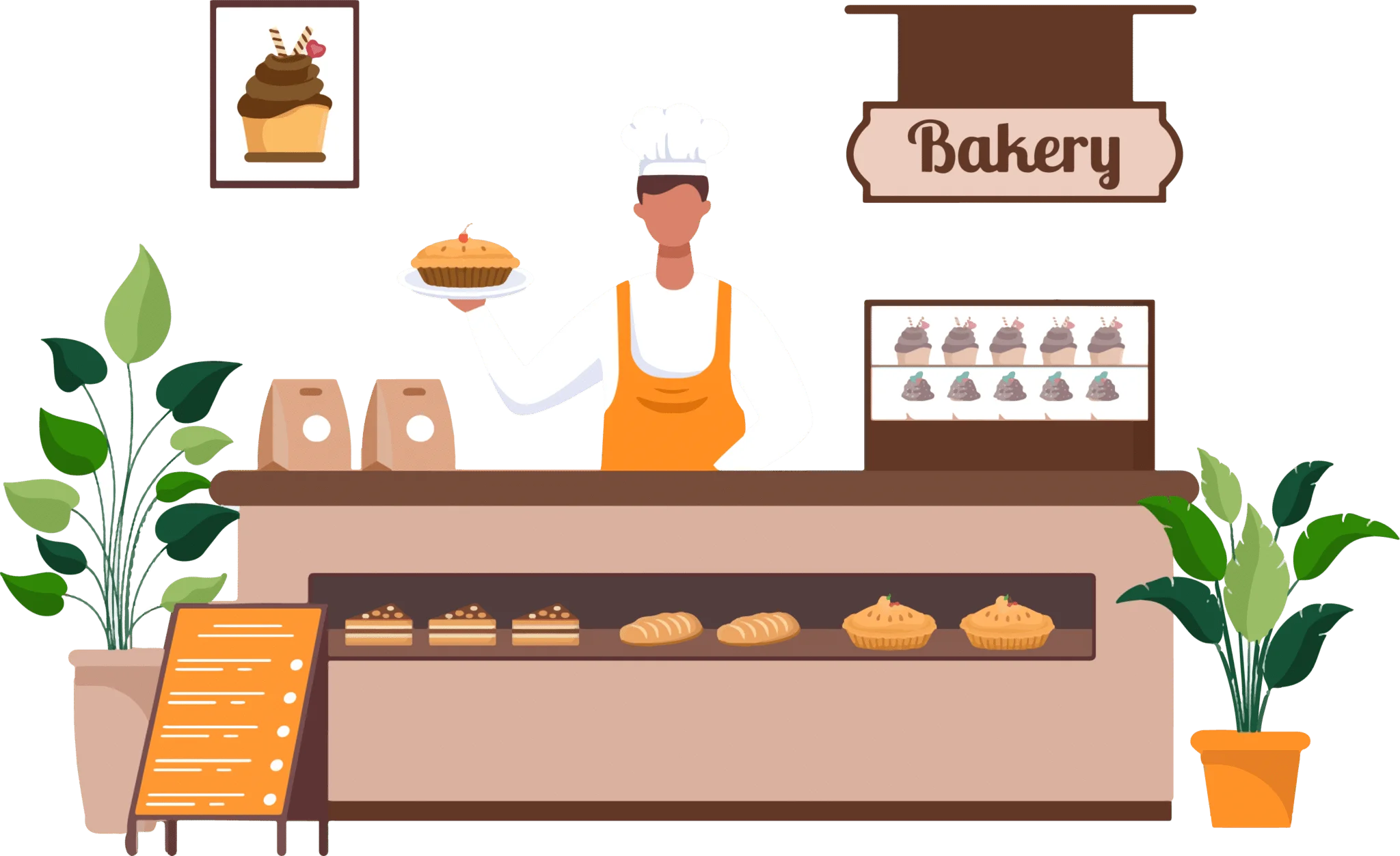 Charming Artisan Bakery Shop Interior with Baker and Fresh Bread Clipart Design