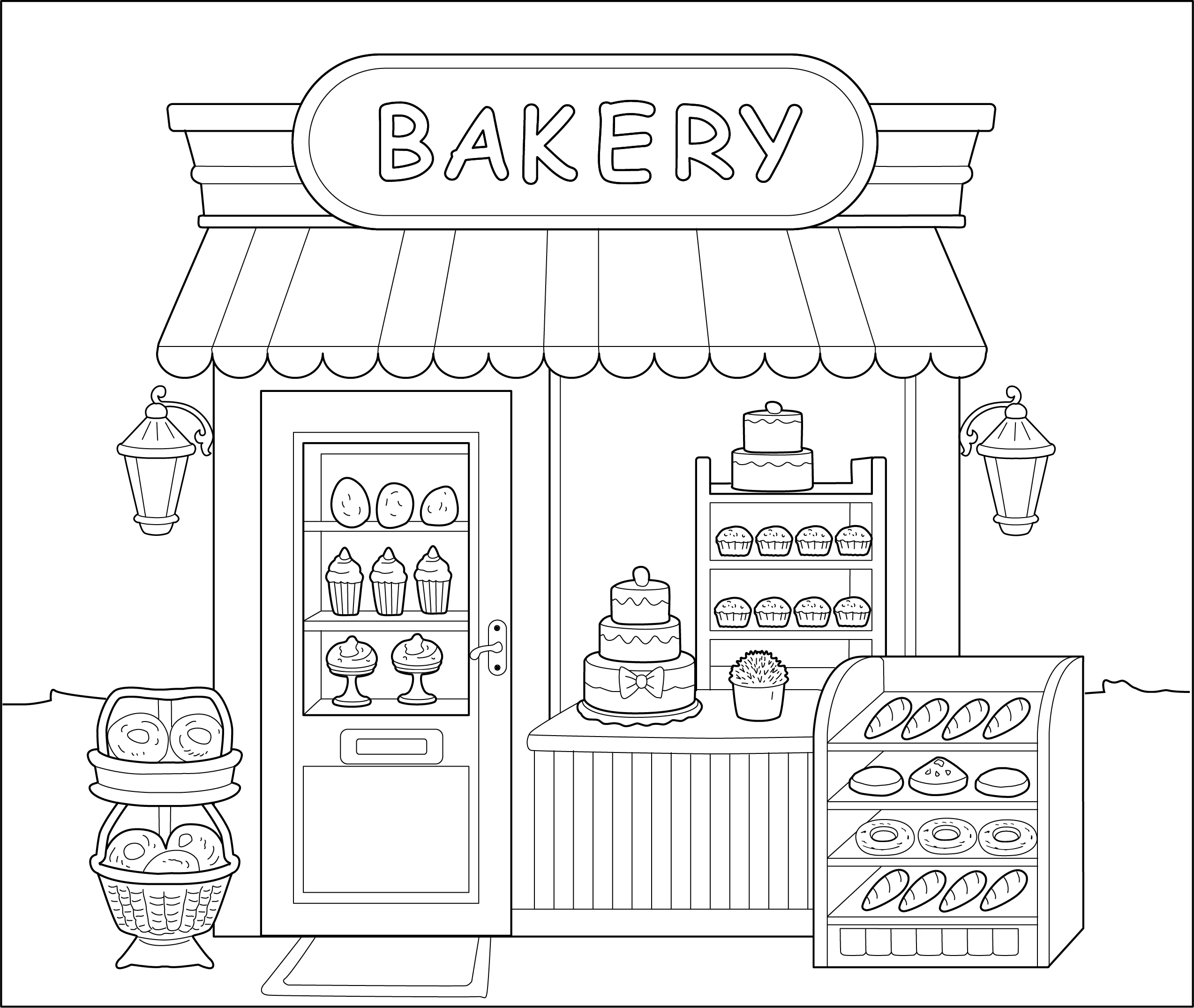 Charming Black and White Bakery Storefront Clipart Line Drawing Illustration