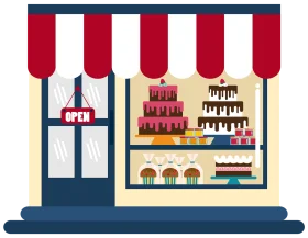 Charming Pastry Shop Storefront Clipart with Delectable Dessert Display