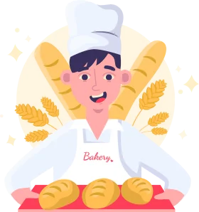 Cheerful Baker Presenting Fresh Bread Clipart Design with Golden Wheat