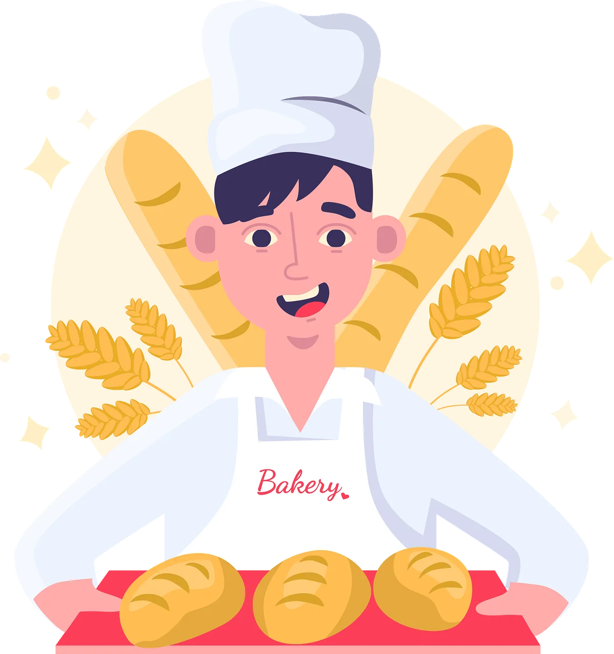 Cheerful Baker Presenting Fresh Bread Clipart Design with Golden Wheat