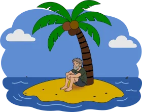 Lonely Stranded Adventurer Resting Under Palm Tree on Tiny Tropical Clipart Island