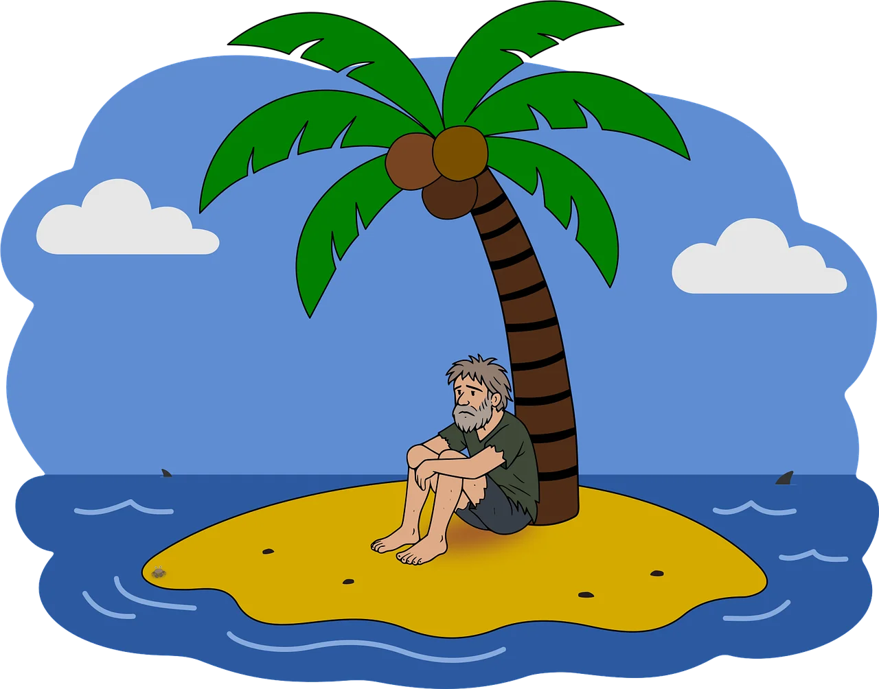 Lonely Stranded Adventurer Resting Under Palm Tree on Tiny Tropical Clipart Island