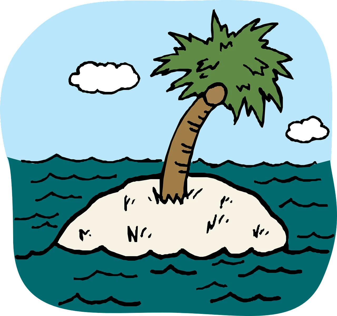 Lonely Tropical Palm Tree Standing Tall on a Tiny Deserted Island Clipart Scene
