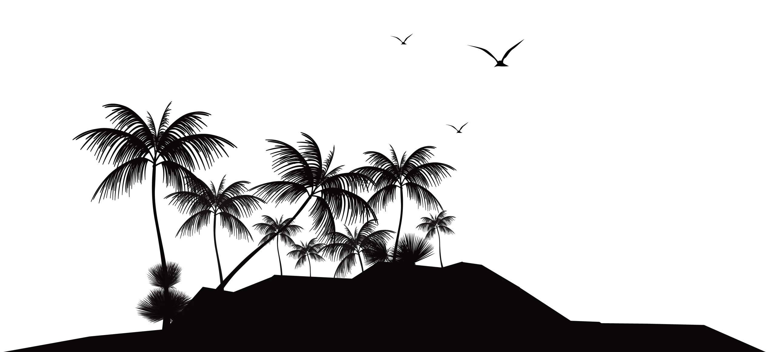 Monochrome Tropical Island Silhouette Clipart with Serene Landscape Elements