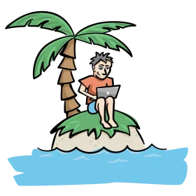 Stranded Traveler with Laptop on Tiny Tropical Island Clipart Illustration