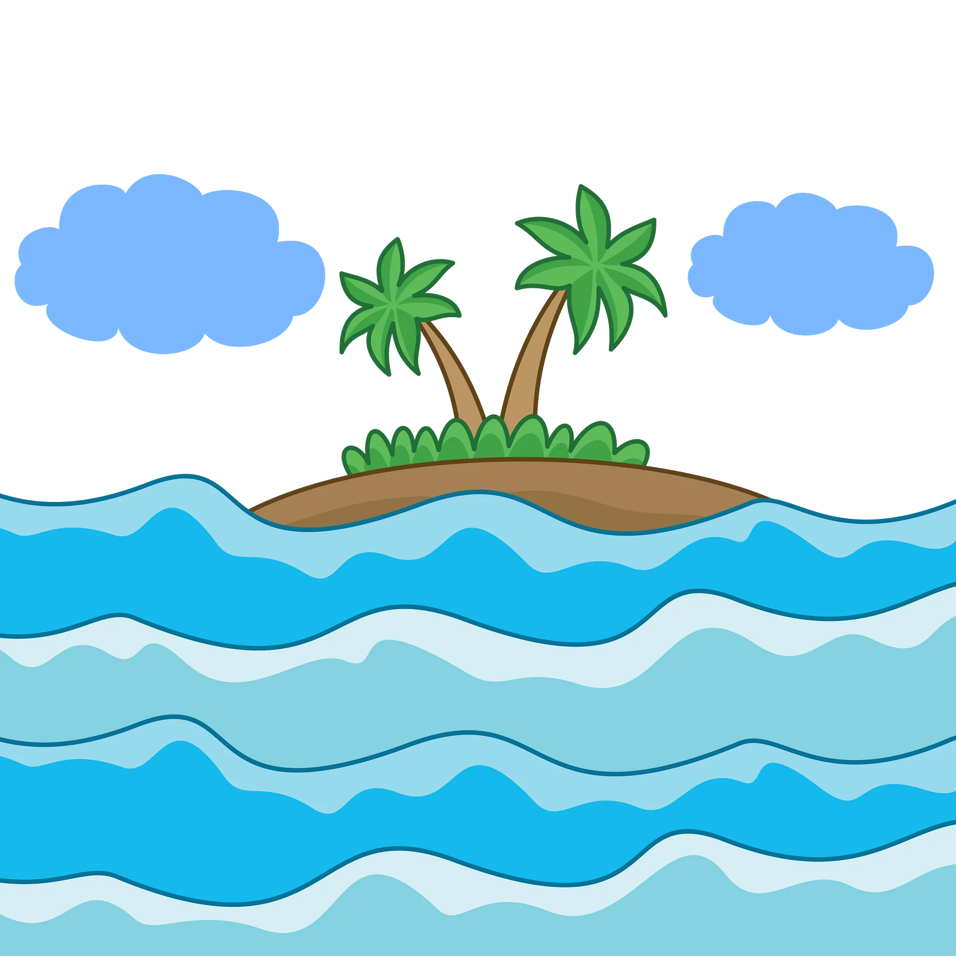Tranquil Tropical Paradise Island Clipart with Palm Trees and Gentle Waves