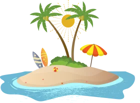 Tranquil Tropical Paradise Island Clipart with Surfboard and Beach Umbrella