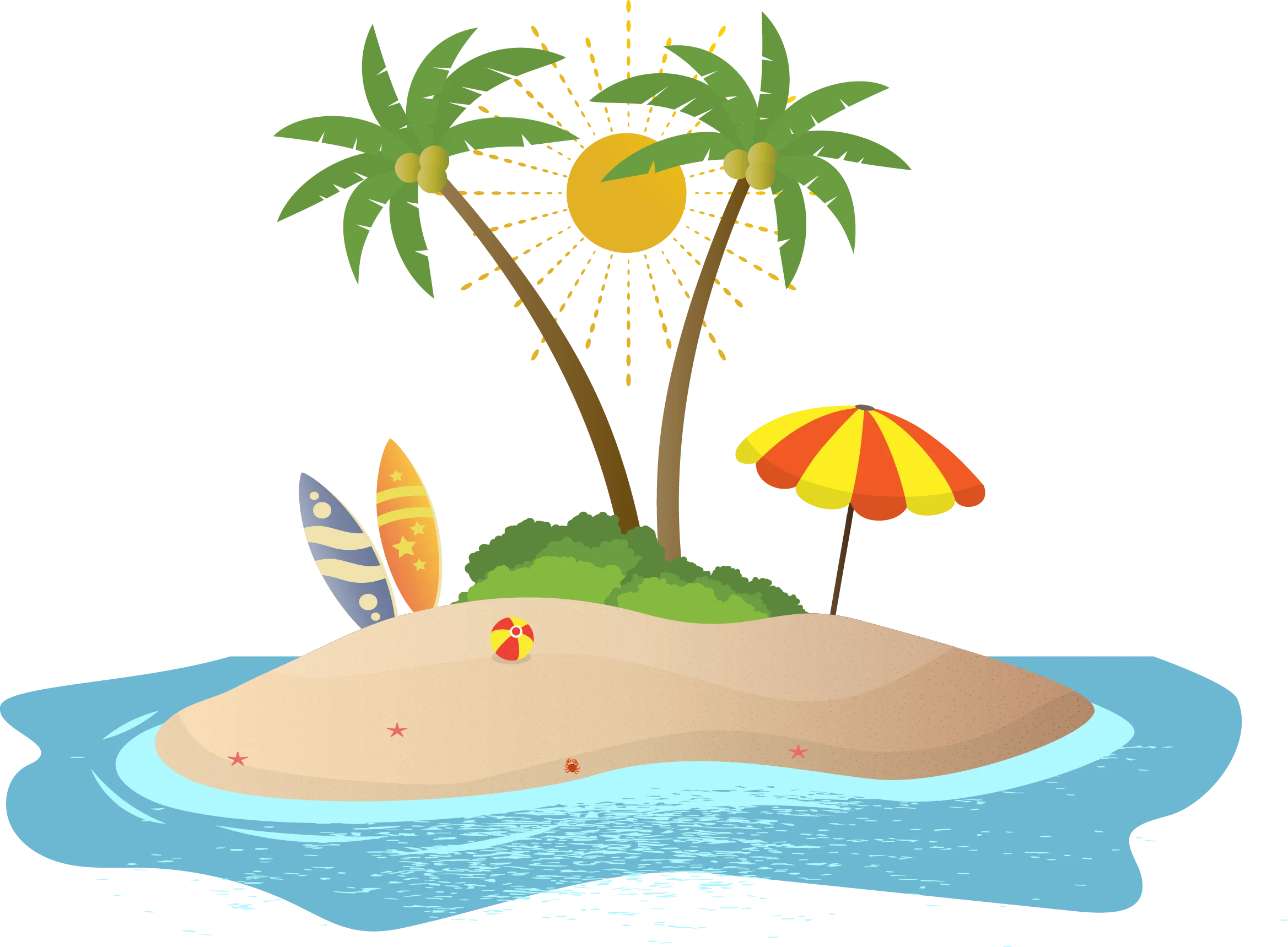 Tranquil Tropical Paradise Island Clipart with Surfboard and Beach Umbrella