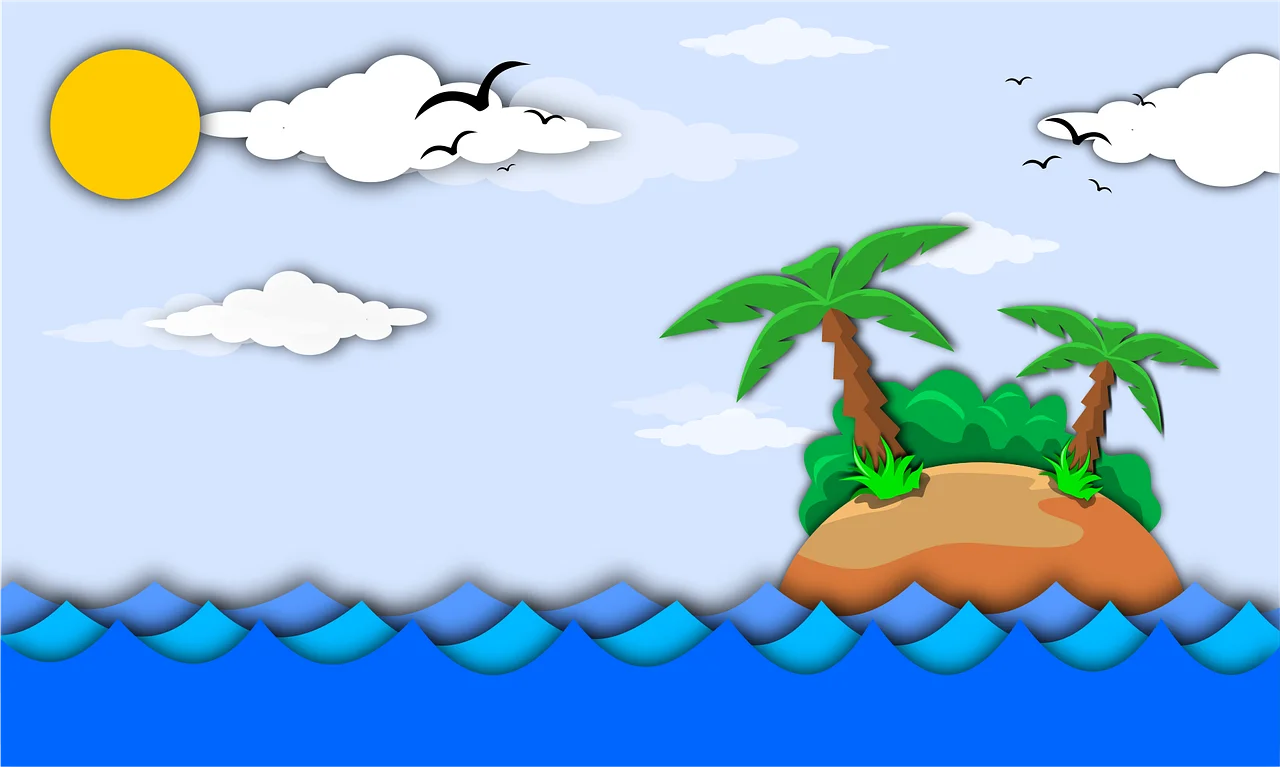 Tropical Paradise Island Clipart: Serene Seascape with Lush Palms and Sunshine