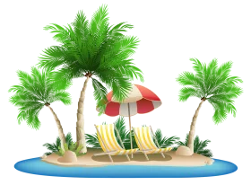 Tropical Paradise Island Clipart with Palm Trees and Red Umbrella